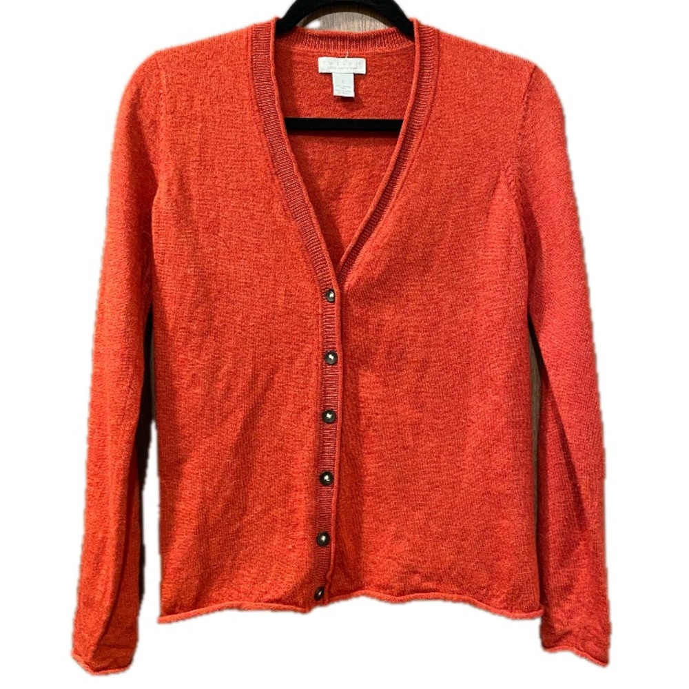Tweeds Orange-Red 100% Merino Wool Cardigan Sweater Size‎ Small Capsule Wardrobe